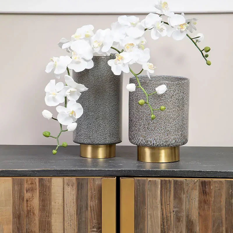Grey Glass And Brass Gold Metal Large Vase